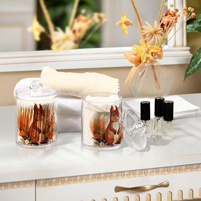 MNSRUU 4 Pack Qtip Holder Organizer Dispenser Cute Squirrel Pink Bathroom Storage Canister Cotton Ball Holder Bathroom Containers for Cotton Swabs/Pads/Floss