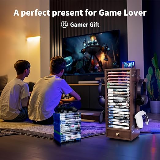 ASFSKY Walnut Wood Game Storage Tower - 20 Games Video Game Organizer & Holder, Universal Video Game Storage Tower with 4 Controller Hooks, Compatible with PS5/PS4/Xbox/Switch - Gamer Gifts