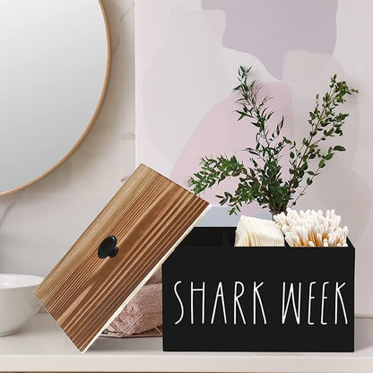Tampon Holder for Bathroom,Farmhouse Bathroom Organizer,Rustic Wood Bathroom Storage Bin with Lid,Wood Movable Partition Feminine Product Organizer with Lid,Bathroom Accessories Box (Black wood)