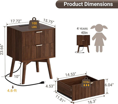 FavourLife Fluted Nightstand, Night Stand Set 2, Nightstands Set of 2 with Beveled Edges & Solid Wood Legs, 2 Drawer Wooden End Table with Charging Station, Modern Bedside Table for Bedroom, Walnut
