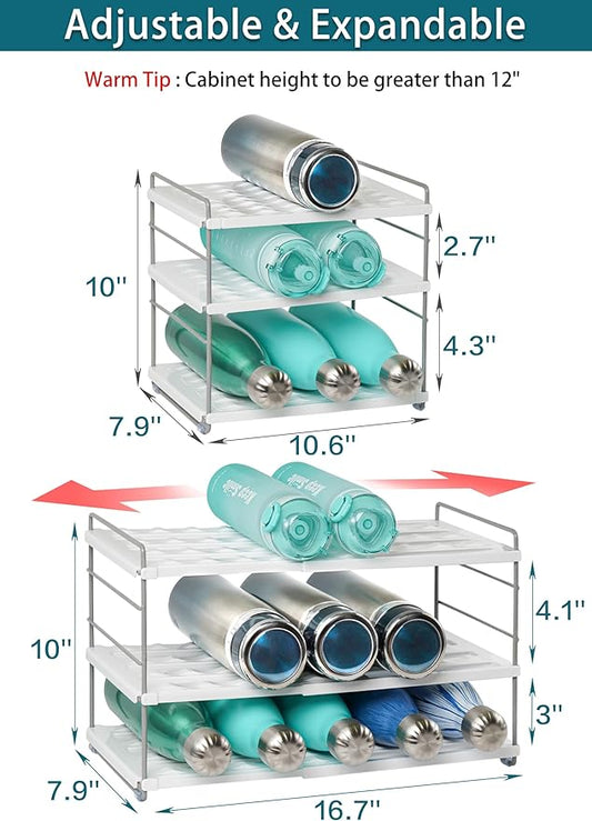 Water Bottle Organizer For Cabinet, Expandable Water Bottle Holder Rack, Adjustable Tumbler Storage For Kitchen Organization, 3 Tier Cup Organizer For Sports Flask Insulated Travel Mug Fridge, White