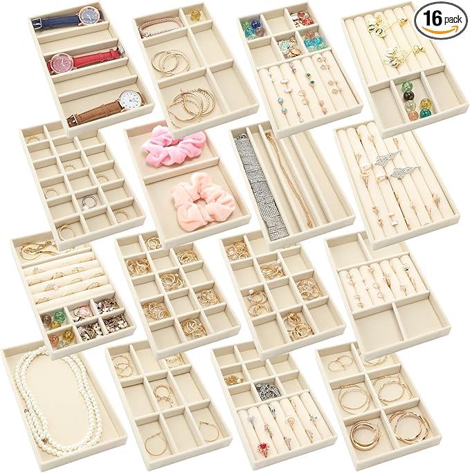 Landical 16 Pcs Stackable Jewelry Organizer for Drawer Velvet Jewelry Tray with Dividers Earring Holder & Ring Display Box Fits 8.4 x 5 x 1 Drawer Necklace Storage for Women, Girls (beige, 16 Styles)