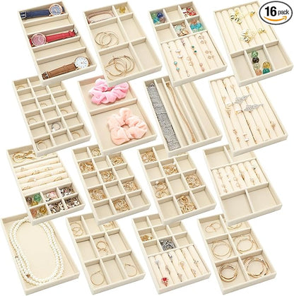 Landical 16 Pcs Stackable Jewelry Organizer for Drawer Velvet Jewelry Tray with Dividers Earring Holder & Ring Display Box Fits 8.4 x 5 x 1 Drawer Necklace Storage for Women, Girls (beige, 16 Styles)