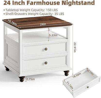 Joaxswe 24" Wide Farmhouse Night Stand,Large End Table with 2 Drawers & Metal Handle,Wood Dresser for Bedroom, White Bed Side Table Chest of Drawers Cabinet,Nightstand for Living Room,Closet