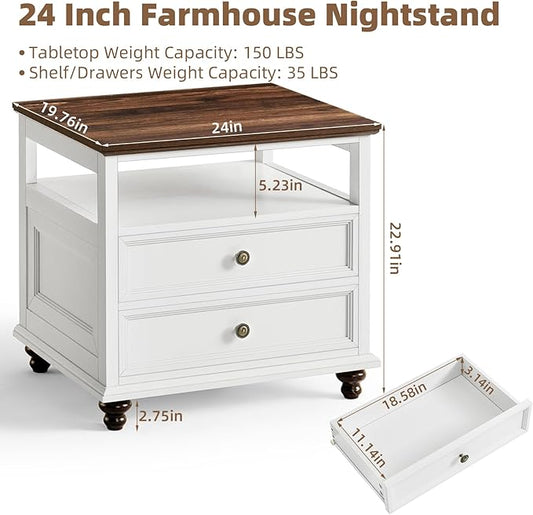 Joaxswe 24" Wide Farmhouse Night Stand,Large End Table with 2 Drawers & Metal Handle,Wood Dresser for Bedroom, White Bed Side Table Chest of Drawers Cabinet,Nightstand for Living Room,Closet