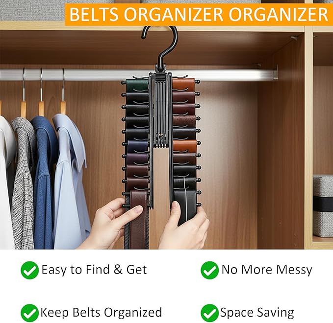 Lolytama 2Pack Belt Hanger,Belt Holder Organizer with Non-Slip Clips,Belt Hanger Wall Mount,Tie Hanger for Closet for Belt, Scarves,Ties, Hats,Camisoles,Bras