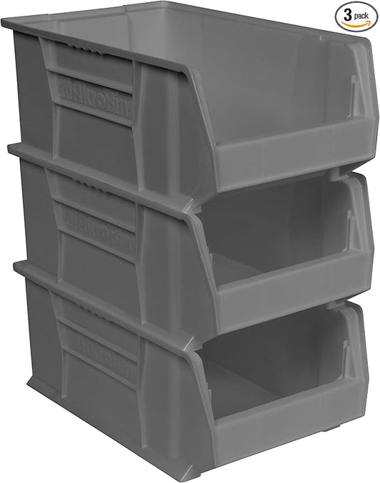 Akro-Mils 30281 Super-Size AkroBins Plastic Storage Bins, Space-Saving Stackable Bins for Garage, Classroom, Warehouse Organization, 20" L x 12" W x 8" H, Grey, 3-Pack