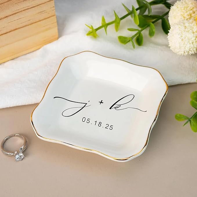 LullabyMall Custom Engagement Ring Holder Ring Dish, Custom Wedding Gifts for Couple, Bridal Shower Couple Jewelry Tray, Monogrammed Engagement Wedding Gifts for Bride 2