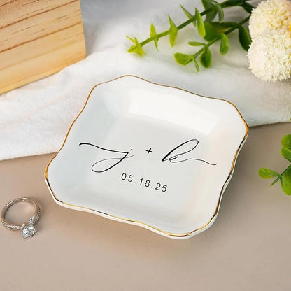 LullabyMall Custom Engagement Ring Holder Ring Dish, Custom Wedding Gifts for Couple, Bridal Shower Couple Jewelry Tray, Monogrammed Engagement Wedding Gifts for Bride 2