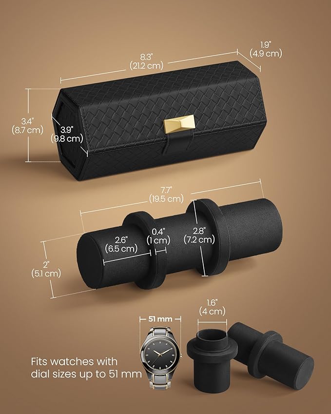 SONGMICS RONNE Collection - 3 Watch Travel Case, Hexagon Watch Roll, Woven Embossed PU Leather, Watch Organizer with Hidden Storage, 3.9 x 8.3 x 3.4 Inches, Gift Idea, Ink Black UJWB027B01