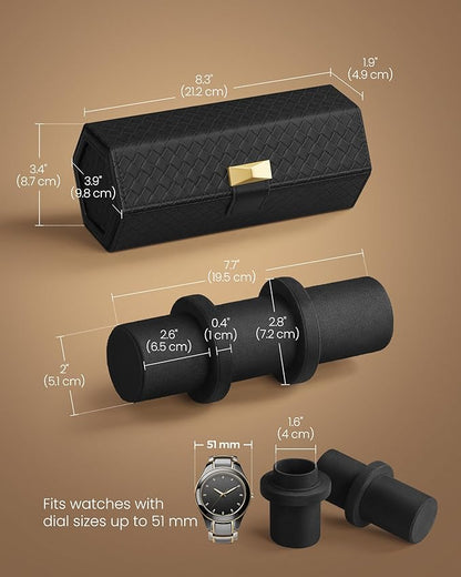 SONGMICS RONNE Collection - 3 Watch Travel Case, Hexagon Watch Roll, Woven Embossed PU Leather, Watch Organizer with Hidden Storage, 3.9 x 8.3 x 3.4 Inches, Gift Idea, Ink Black UJWB027B01