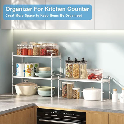 15.5 to 25.5 Inch Expandable Kitchen Cabinet Organizer Shelf, 30 LBS Heavy Duty Stackable Kitchen Counter Storage Shelves Organizers, 2 Pack Adjustable Small Storage Shelf Rack for Cabinet Cupboard