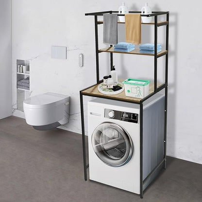 Over The Washer and Dryer Storage Shelf, 3-Tier Bathroom Room Shelf Storage Utility Rack Over The Toilet Washer Dryer Heavy Duty Laundry Room Organizer Bathroom Space Saving Organizer (Black+ Oak)