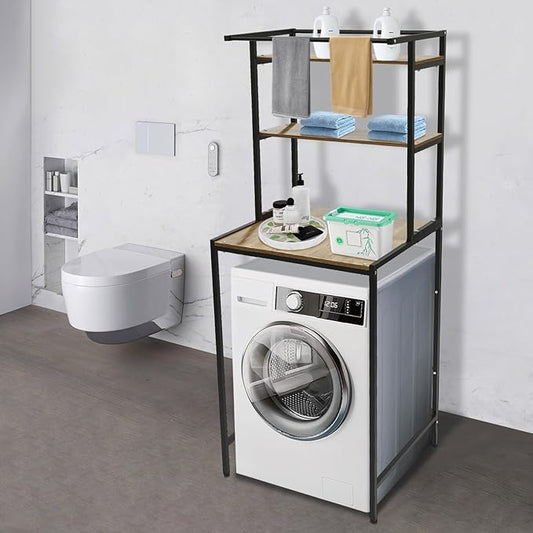 Over The Washer and Dryer Storage Shelf, 3-Tier Bathroom Room Shelf Storage Utility Rack Over The Toilet Washer Dryer Heavy Duty Laundry Room Organizer Bathroom Space Saving Organizer (Black+ Oak)