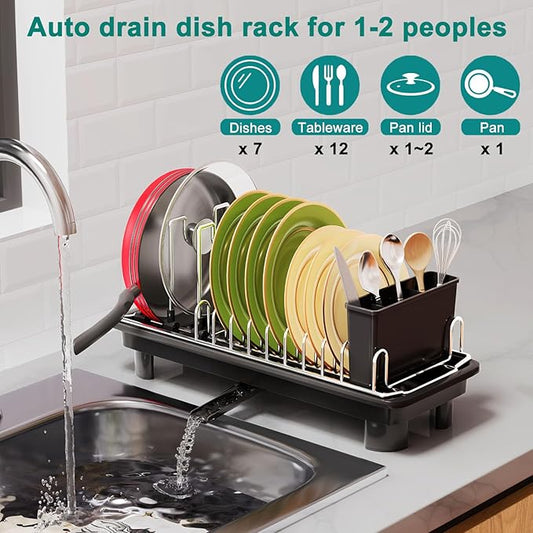 junyuan Compact Dish Drying Rack,Small Dish Rack for Kitchen Counter, Dish Drainer with 360° Rotatable Spout,Plate Rack, Dish Strainer with Cutlery Holder for Pots, Fork & Knives Space Saving