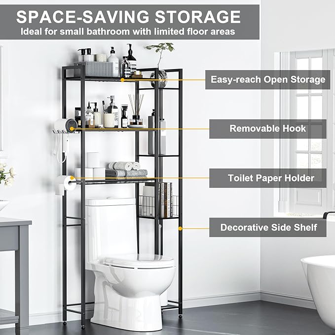 QOOIE Over The Toilet Storage with Wooden Shelves and Side Rack, 7-Tier Black Over Toilet Bathroom Organizer Freestanding Storage Shelf for Toilet Paper, Towels, Toiletries, 31.5" Wide