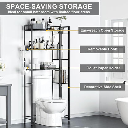 QOOIE Over The Toilet Storage with Wooden Shelves and Side Rack, 7-Tier Black Over Toilet Bathroom Organizer Freestanding Storage Shelf for Toilet Paper, Towels, Toiletries, 31.5" Wide