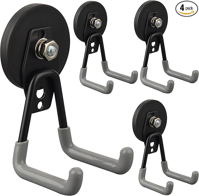ULIBERMAGNET Heavy Duty Magnetic Hooks,Strong Large Magnet Hooks for Power Drill,Garden Tools, Hose,Pegboard,Garage,Workshop,4 Pack Magnetic Storage Hooks for Indoor Outdoor Hanging(Gray)
