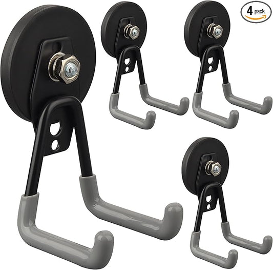 ULIBERMAGNET Heavy Duty Magnetic Hooks,Strong Large Magnet Hooks for Power Drill,Garden Tools, Hose,Pegboard,Garage,Workshop,4 Pack Magnetic Storage Hooks for Indoor Outdoor Hanging(Gray)