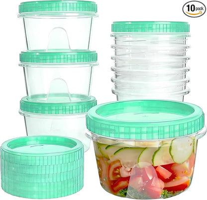 Slomg 10 Pack 16 oz Freezer Storage Containers with Green Twist Top Lids, Small Plastic Food Storage Soup Meal Prep Containers, Leakproof Overnight Quart Containers for Lunch Leftover Fruit Salad Oat