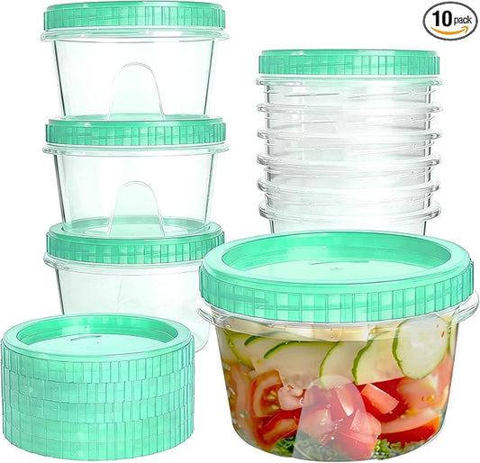 Slomg 10 Pack 16 oz Freezer Storage Containers with Green Twist Top Lids, Small Plastic Food Storage Soup Meal Prep Containers, Leakproof Overnight Quart Containers for Lunch Leftover Fruit Salad Oat