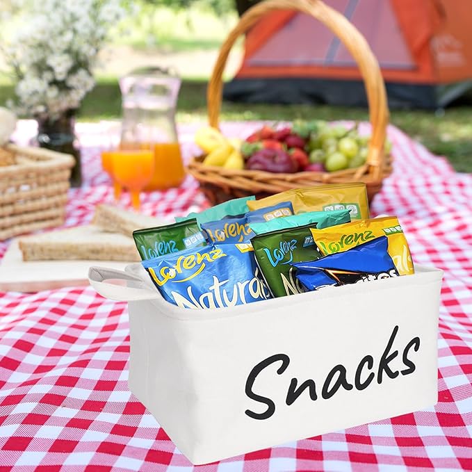 Snack Bin for Pantry - Snack Storage Basket Organizer for Storing Chips, Cookies, Pretzels, Popcorn and more - Kitchen Organization (White 1pcs)