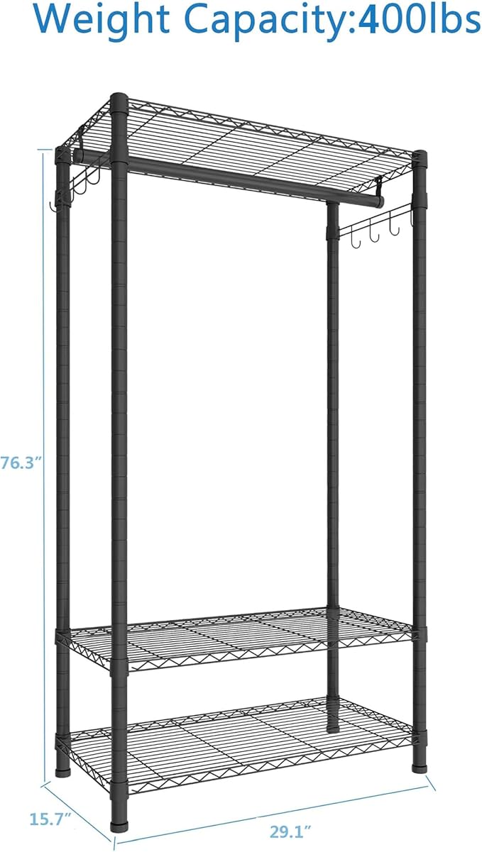 Xiofio 3 Tiers Heavy Duty Clothes Rack for Hanging Clothes Rack,Freestanding Closet with 2 Side Hooks and Hanging Rod, 29.1" L x 15.7" W x 76.3" H,Max Load 500LBS,Black