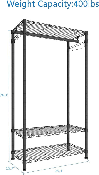 Xiofio 3 Tiers Heavy Duty Clothes Rack for Hanging Clothes Rack,Freestanding Closet with 2 Side Hooks and Hanging Rod, 29.1" L x 15.7" W x 76.3" H,Max Load 500LBS,Black