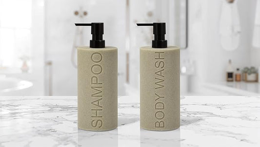 Indecor Home Resin 2 Pack Shampoo, Conditioner or Body Wash Dispenser Set, Luxurious Refillable Pump Bottles with Matte Pump Top and Embossed Text, Durable Design for Bathroom and Shower
