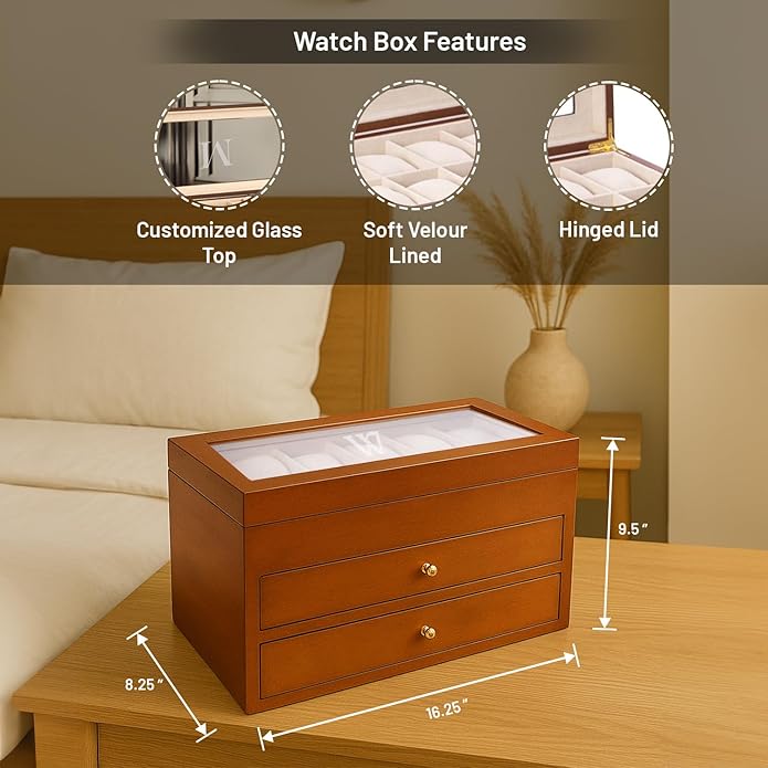 Bey-Berk Custom Personalized Watch Box Organizer - 36 Slot Luxury Solid Wood Designer Display, Large Watch Slots