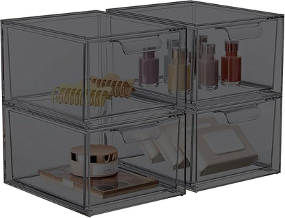 4 Pack Stackable Makeup Organizer and Storage, Acrylic Organizers，Clear Plastic Storage Drawer with Pull-Out Handles for Vanity, Undersink, Kitchen Cabinets, Pantry, Black