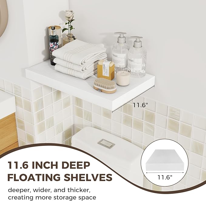 Fun Memories 12 Inch Deep Floating Shelves for Wall, 20 Inch Long Wall Mounted Storage Shelf with Invisible Brackets, 3 Pack Hanging Wood Shelf for Farmhouse, Bedroom, Kitchen, Living Room, White