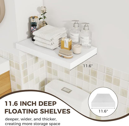 Fun Memories 12 Inch Deep Floating Shelves for Wall, 20 Inch Long Wall Mounted Storage Shelf with Invisible Brackets, 3 Pack Hanging Wood Shelf for Farmhouse, Bedroom, Kitchen, Living Room, White