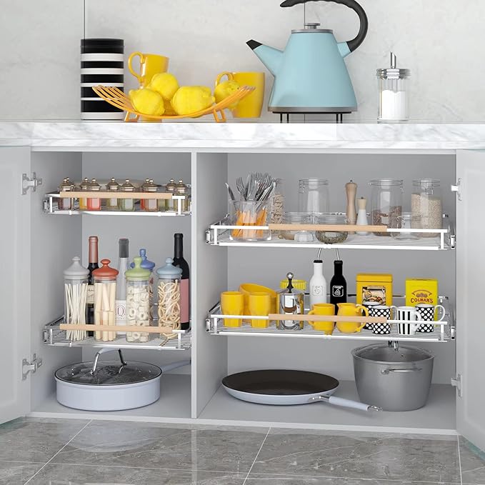 Pull Out Cabinet Organizer, 12.2~17.9"W x 22.5"D Expandable Pull Out Shelves for Kitchen Cabinets, Heavy Duty Metal Slide Out Pantry Shelves Sliding Shelf for Home Kitchen,Under Sink,Wardrobe