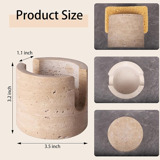 MALIHOO Travertine Natural Marble Sponge Holder, Sponge Caddy for Sink Organizer, Kitchen, Bathroom, Fast Absorbing, Durable, Elegant and Stylish