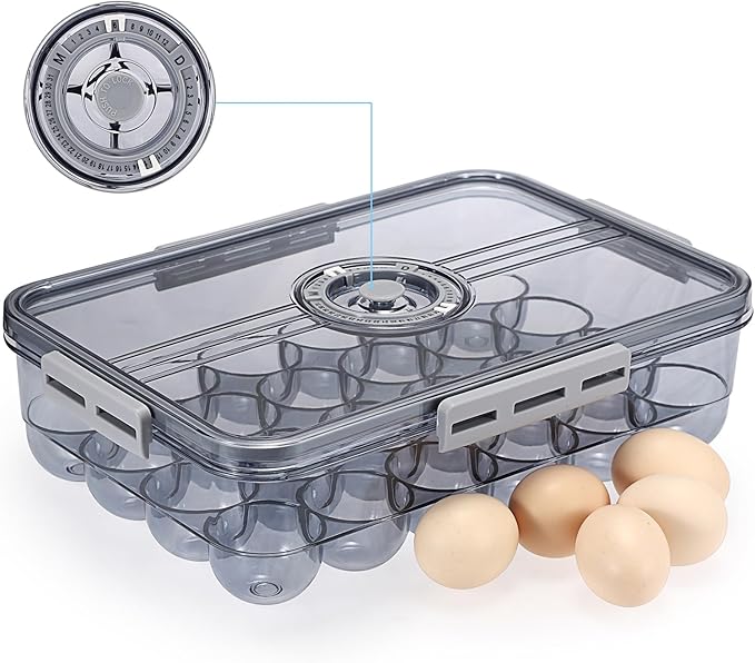 BSTKEY Egg Holder for Refrigerator, Egg Container with Time Scale, Egg Holder with Lid for Kitchen Storage, Stackable Tray for 24 Eggs