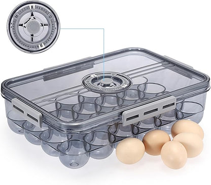 BSTKEY Egg Holder for Refrigerator, Egg Container with Time Scale, Egg Holder with Lid for Kitchen Storage, Stackable Tray for 24 Eggs