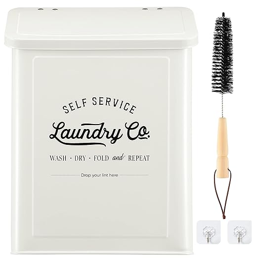 Magnetic Lint Bin for Laundry Room, Metal Trash Can with Lid for Dryer, Farmhouse Lint Holder, Laundry Co Sign, Laundry Room Storage Decor with Dryer Lint Brush(White)