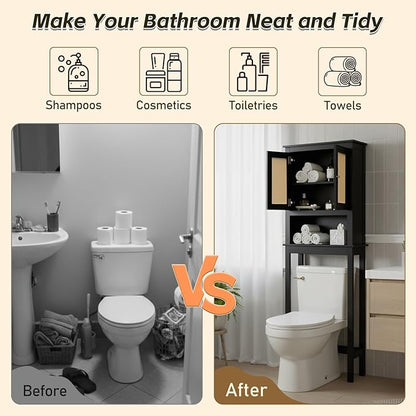 GORZING Over The Toilet Storage Cabinet, Behind Toilet Bathroom Organizer with Adjustable Shelves, Above Toilet Organizers with Barn Door, Space Saver for Restroom, Bathroom, Laundry