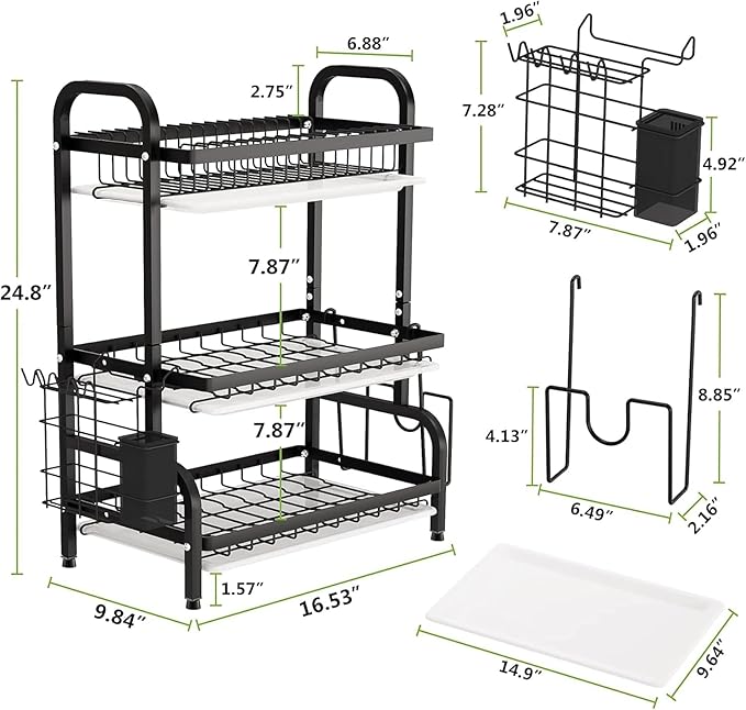 Haboqo Large Dish Drying Rack Multifunctional 3 Tier Dish Rack with Drain Tray, Dish Drainer for Kitchen Counter with Drainboard/Utensil/Cup Holder Rust Proof Carbon Steel
