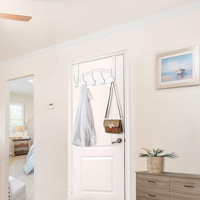 WEBI Over The Door Hook 5 Coat Hooks,Over The Door Towel Rack,Door Hanger Coat Rack Towel Hanger for Hanging Coats,Clothes,Back of Bathroom,White