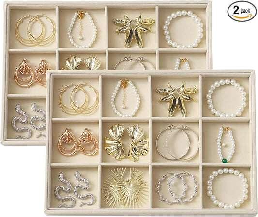 KATISYIO Large Velvet Jewelry Tray 2 Pack Stackable Jewelry Display Drawer Inserts Trays Organizer for Earring Bracelet Necklace Ring (Beige, 12 Grids)