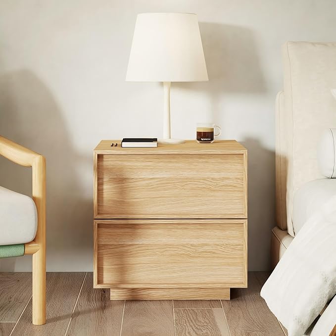 RYWI11OUSE Wooden Nightstand with Storage,Modern Night Stand with 2 Drawers, Bedside Table for Bedroom, Natural Oak