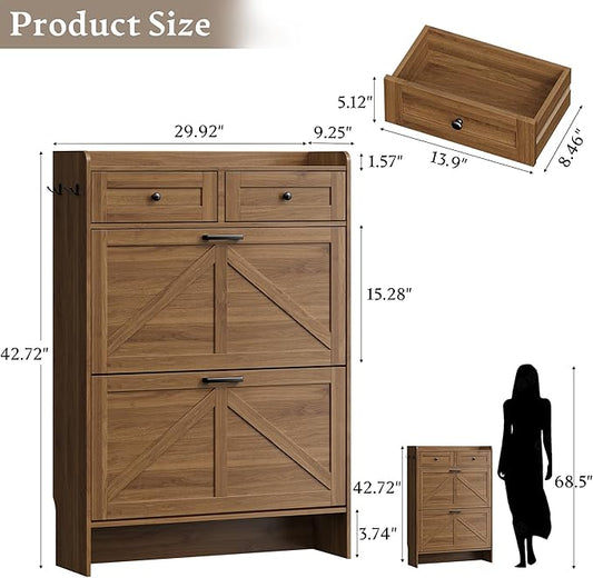 Shoe Storage Cabinet for Entryway, Farmhouse Narrow Shoe Cabinet with 2 Flip Drawers & Top Drawers, Adjustable Shelves & Hooks, Freestanding Hidden Rack Organizer for Hallway, Foyer