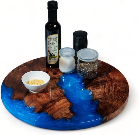Handmade Reversible 16" Wood and Epoxy Resin Lazy Susan, Turntable for Kitchen Countertop, Rotating Display Stand, Organizer and Storage for Dining Table, Cup Board, Home Decor (Medium Blue)