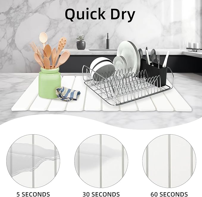 Hoborato Stone Dish Drying Mat, 24"(L)×16"(W) - Fast-Drying, Collapsible Kitchen Counter Mat for Dishes, Cups & Bottles with Sanding Tool + Placemat, White