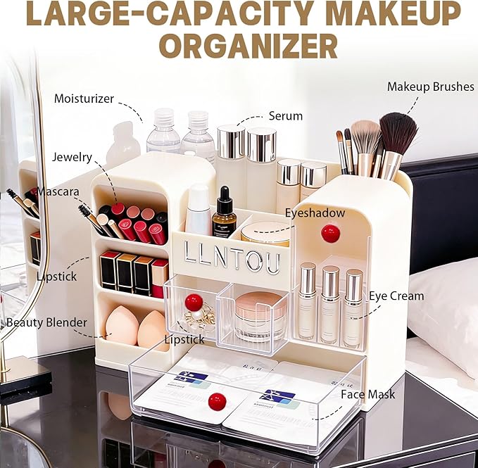 LLNTOU Makeup Organizer for Vanity with Brush Holder, Large Cosmetic & Skincare Organizer Countertop with Muti-Drawers, Cosmetic Display Case for Lipsticks, Nail Polishes, Perfumes, Eyeshadow (cream)