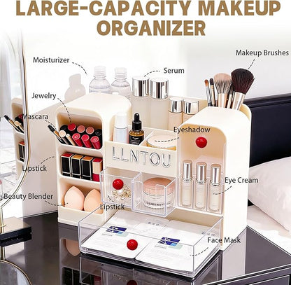 LLNTOU Makeup Organizer for Vanity with Brush Holder, Large Cosmetic & Skincare Organizer Countertop with Muti-Drawers, Cosmetic Display Case for Lipsticks, Nail Polishes, Perfumes, Eyeshadow (cream)