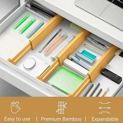 Secura Bamboo Drawer Dividers Organizer 4-Pack, Adjustable Drawer Separators Expandable from 12.0-17.1 inches for Kitchen, Office, Bathroom, Closet, Dresser