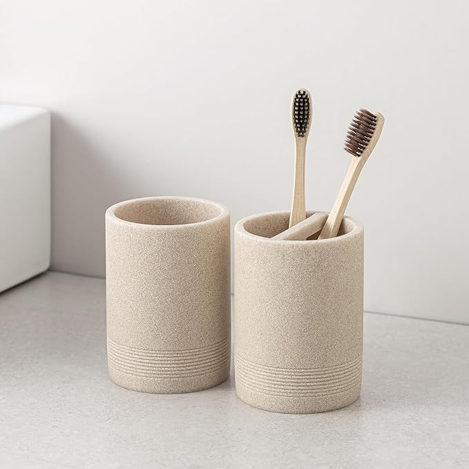 Haocoott Bathroom Accessories Set, 6 PCS Modern Bathroom Accessory Set with 15.2 OZ Soap Dispenser, Toothbrush Holder, Vanity Tray, Tumbler, 2 PCS Qtip Holders (Beige)